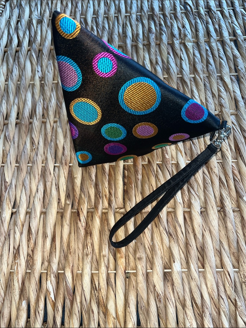 Black Origami Style Wristlet Pouch with Multicolor Embroidered Dots